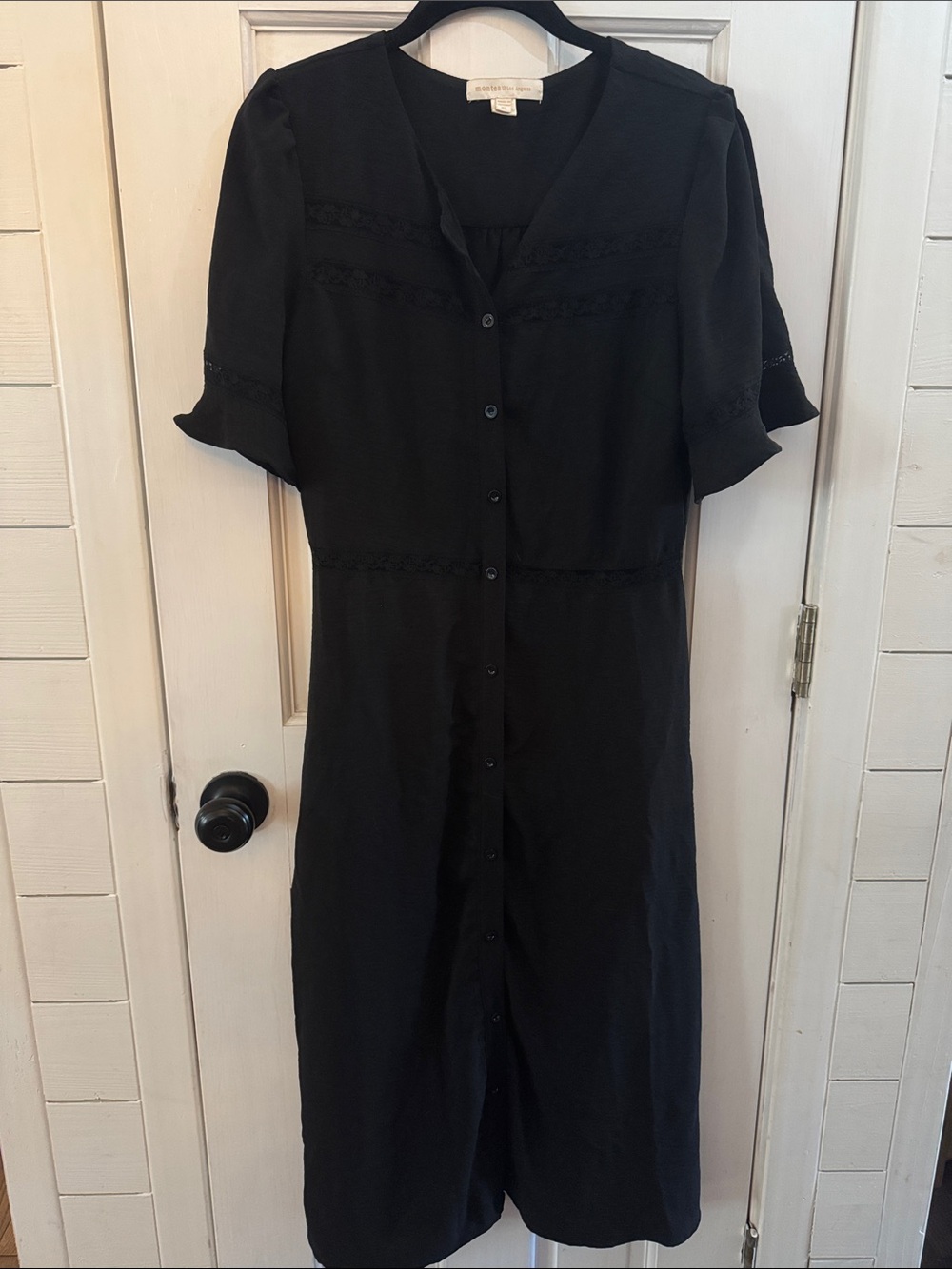 Midi Button-Front Black Dress with Delicate Lace Trim